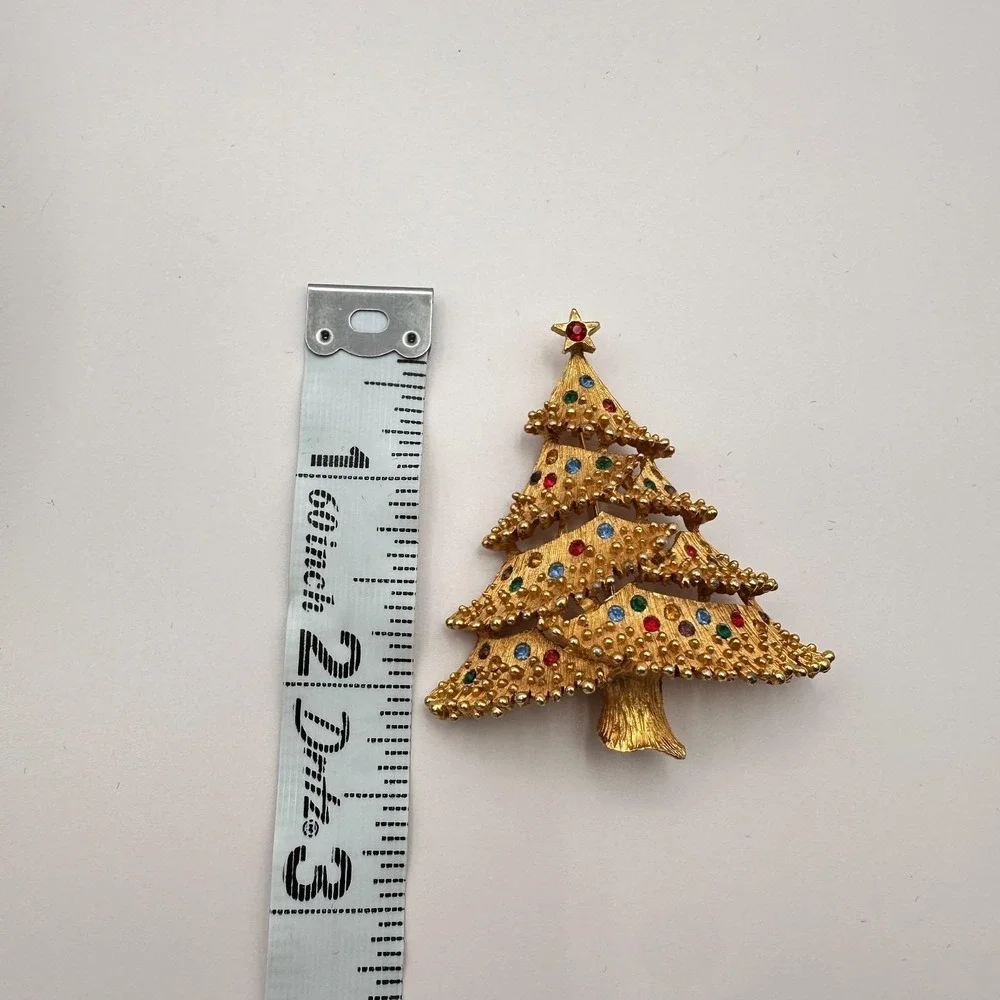 Vintage 90s Christmas‎ Tree Rhinestone Brooch Pin Gold Tone Fashion Jewelry